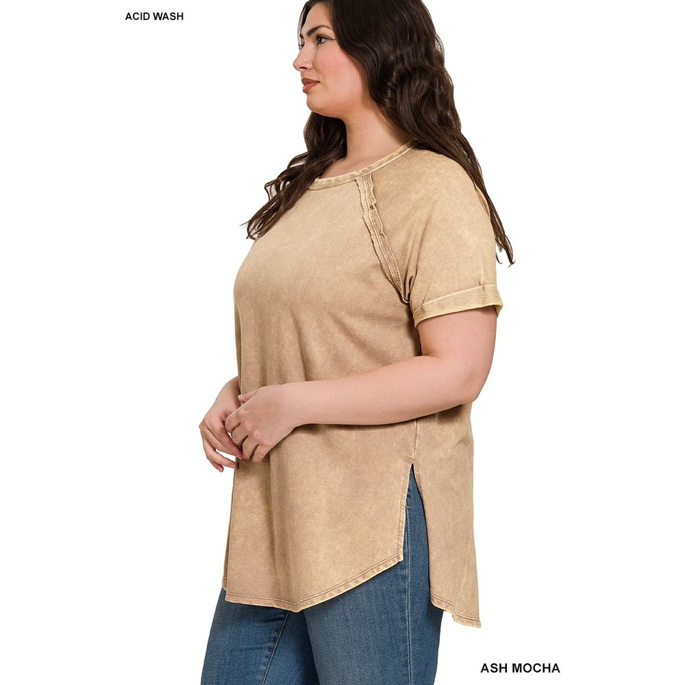 Zenana Pullover Top Women 2X Ash Mocha NWT Terry Acid Wash Short Cuff Sleeve